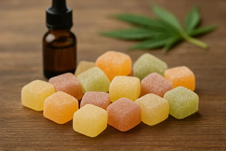 CBD vingummin i olika färger på träbord med hampablad och dropperflaska i bakgrunden – perfekt för naturlig vardagsbalans.