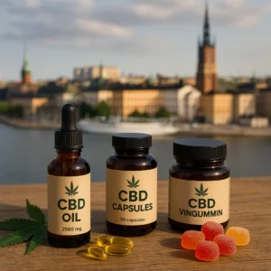 CBD i stockholm. Produkter på träbord med utsikt över Stockholm, perfekt för avslappning