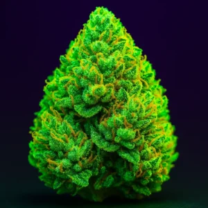 Gorilla glue Strain info. Green neon CBD bud with dark background