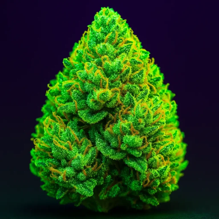 Gorilla glue Strain info. Green neon CBD bud with dark background