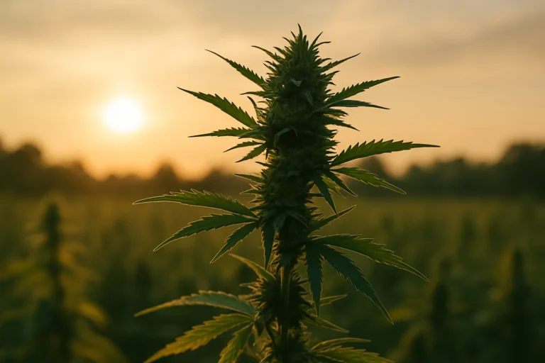 Vad är hampa? En närbild av en hampaväxt i motljus med solnedgång och fält i bakgrunden – naturligt, lugnt och cannabisinspirerat.