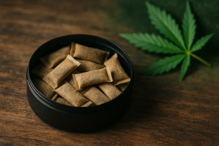 Cannabis snus i portionsform med hampablad i bakgrunden