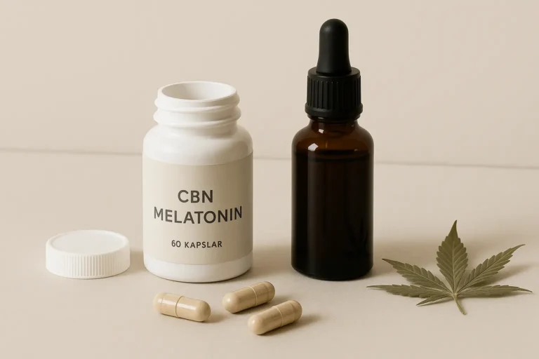 CBN och melatonin som kapslar och olja på beige bakgrund, med ett diskret cannabisblad bredvid.