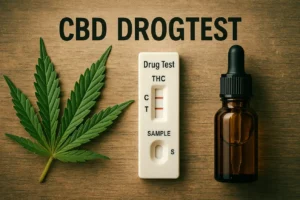 CBD flaska, drogtest och hampablad på träbord