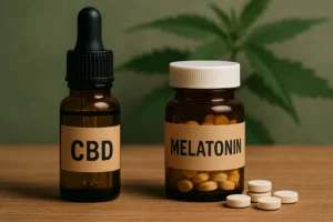 CBD och melatonin. CBD-olja i glasflaska bredvid en burk melatonin-tabletter på träbord, med en suddig cannabisplanta i bakgrunden