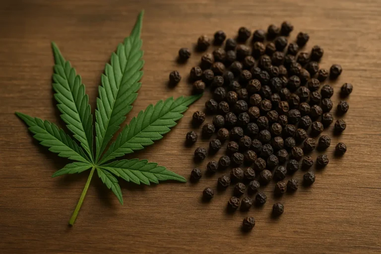 Kryddig terpen caryophyllene – hampablad och svartpeppar i naturligt ljus