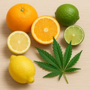 Citrusfrukter och cannabisblad i naturligt ljus – illustration av Limonene terpenens fräscha doft
