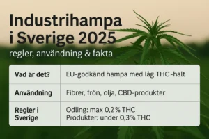 Industrihampa i Sverige 2025 – illustration av lagliga hampasorter och deras användning.