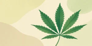 Minimalistisk illustration av ett grönt cannabisblad mot mjuka, naturfärgade bakgrundsformer.