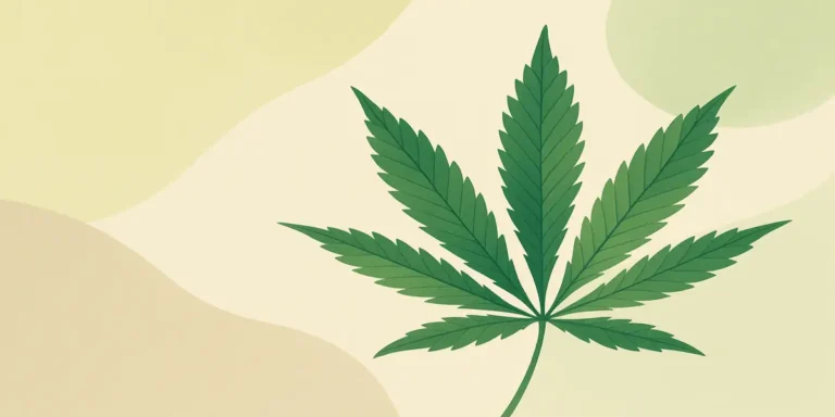 Minimalistisk illustration av ett grönt cannabisblad mot mjuka, naturfärgade bakgrundsformer.