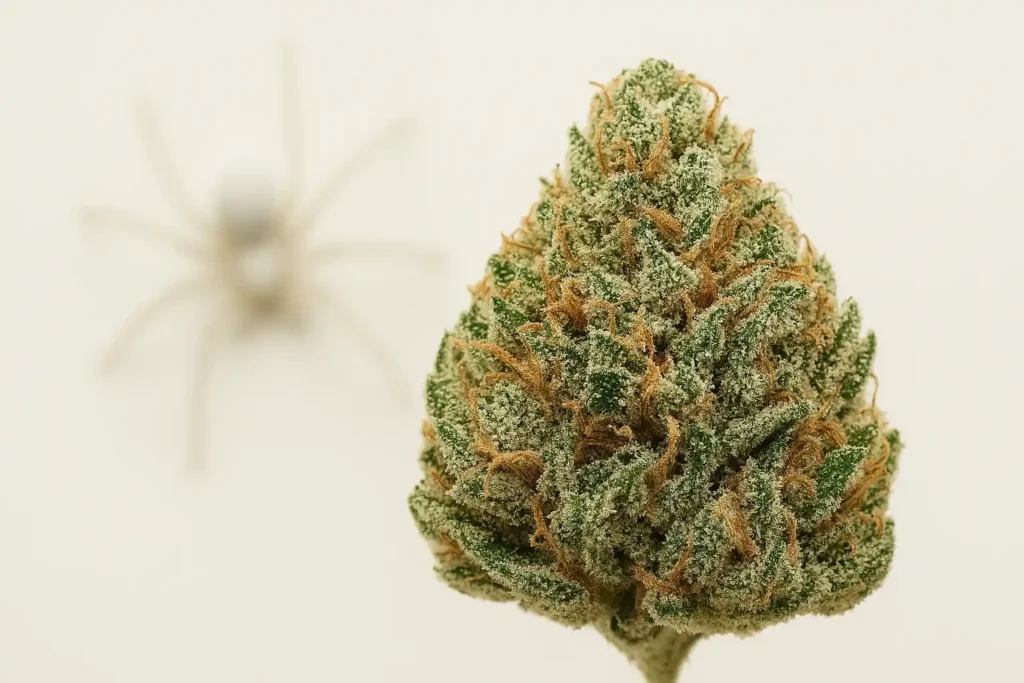 White Widow-bud i fokus med en suddig vit spindel i bakgrunden på en ljus, minimalistisk bakgrund.