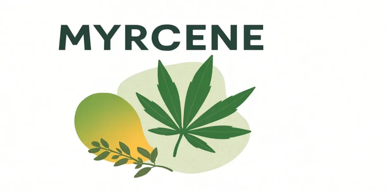 Illustration av cannabisblad, mango och ört som symboliserar terpenen myrcene mot ljus bakgrund
