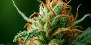 Närbild av en cannabisblomma med tydliga trikomer och orange pistiller i makroformat.