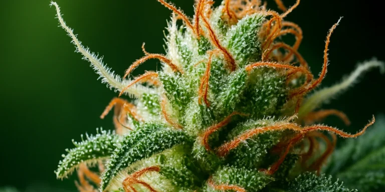 Närbild av en cannabisblomma med tydliga trikomer och orange pistiller i makroformat.