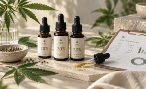 Tre CBD-oljor i olika styrkor bredvid laboratorieanalys