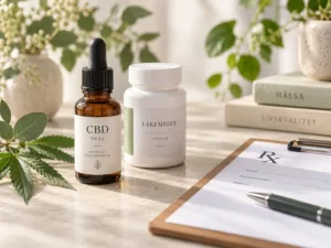 CBD-olja bredvid läkemedelsförpackning
