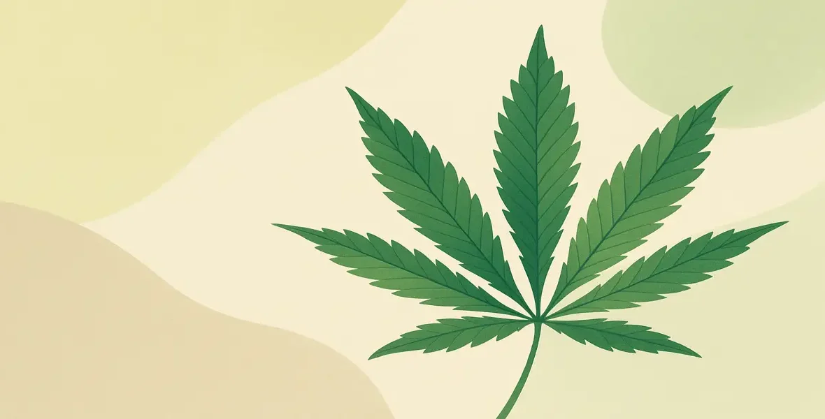 Minimalistisk illustration av ett grönt cannabisblad mot mjuka, naturfärgade bakgrundsformer.