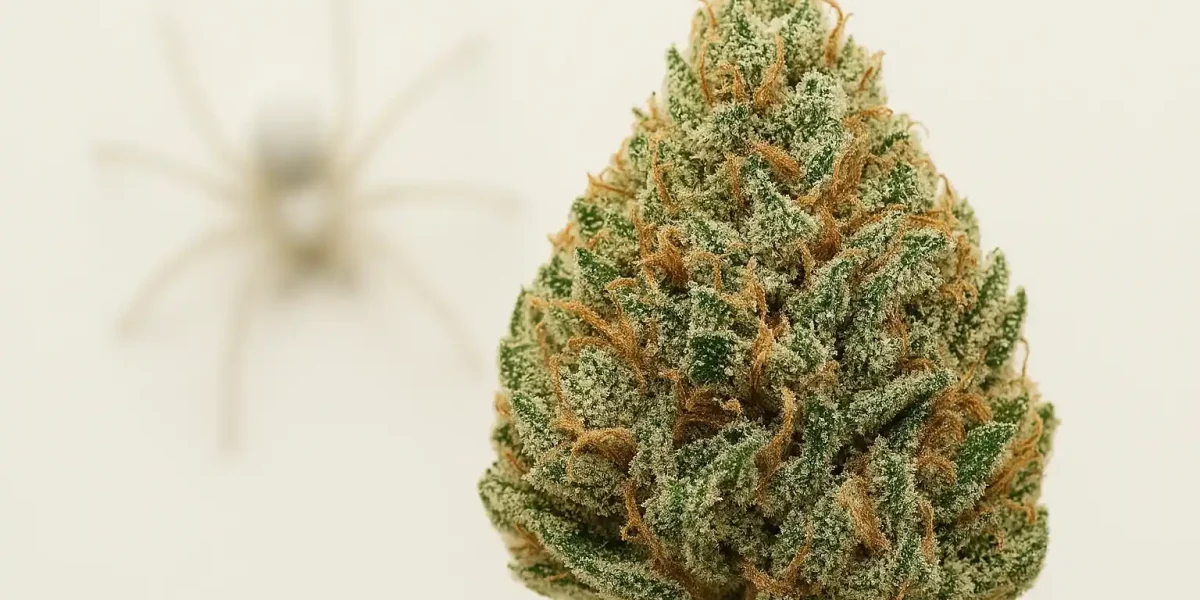 White Widow-bud i fokus med en suddig vit spindel i bakgrunden på en ljus, minimalistisk bakgrund.