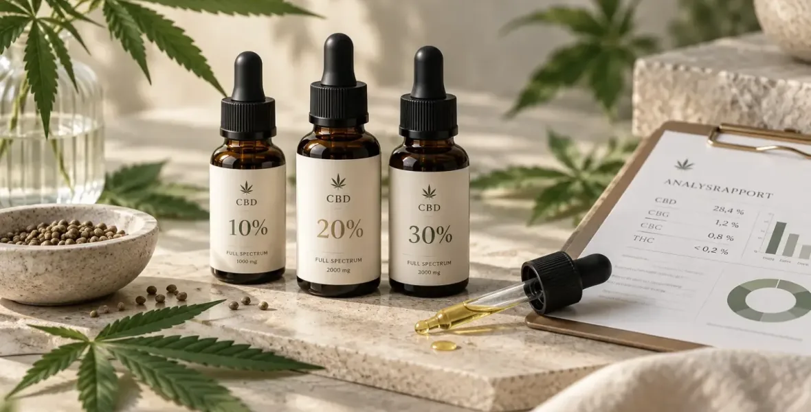Tre CBD-oljor i olika styrkor bredvid laboratorieanalys