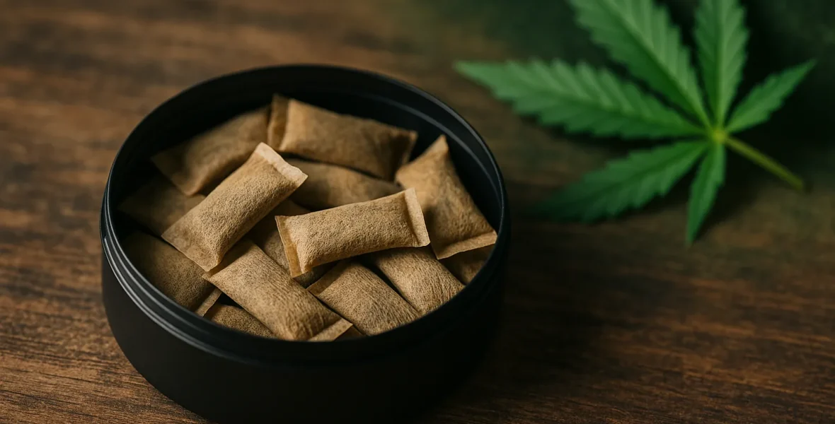 Cannabis snus i portionsform med hampablad i bakgrunden