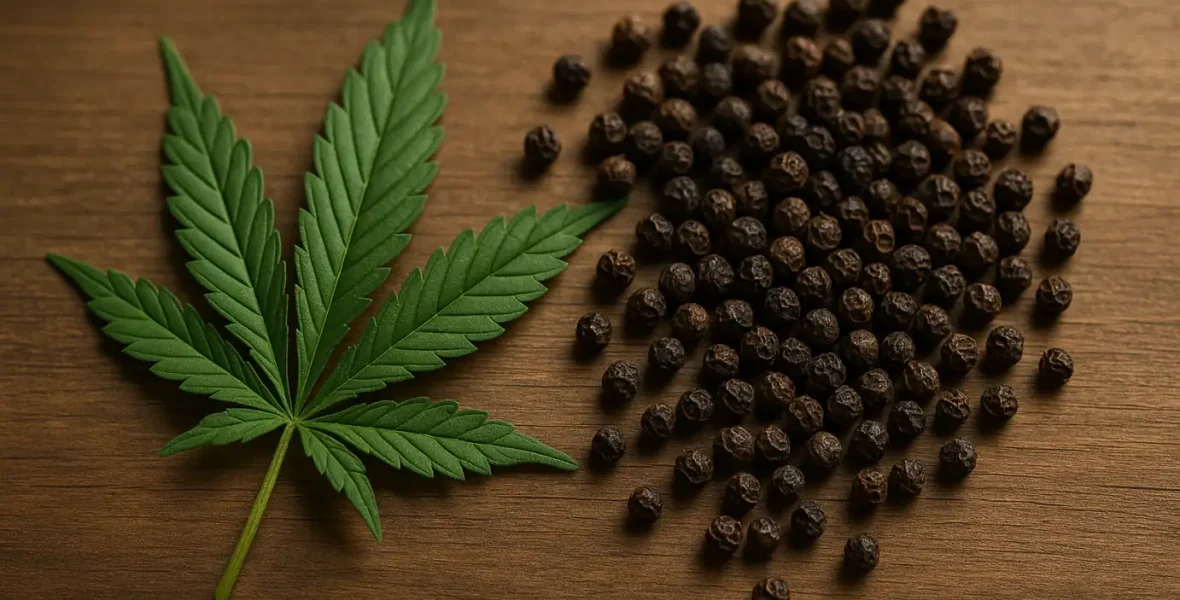 caryophyllene-terpen Kryddig terpen caryophyllene – hampablad och svartpeppar i naturligt ljus