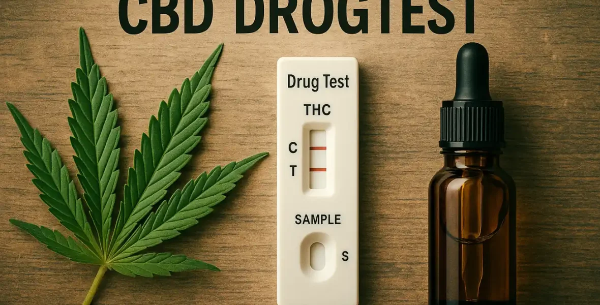 CBD flaska, drogtest och hampablad på träbord