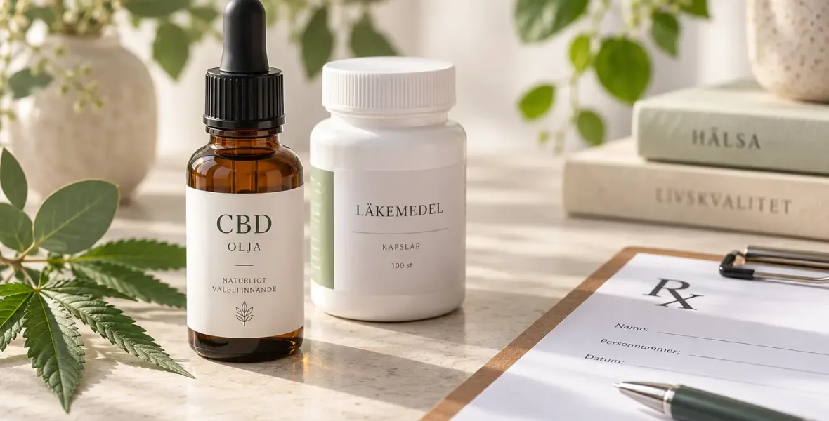 CBD-olja bredvid läkemedelsförpackning