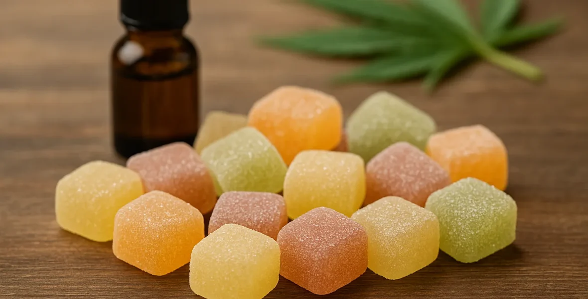 CBD vingummin i olika färger på träbord med hampablad och dropperflaska i bakgrunden – perfekt för naturlig vardagsbalans.