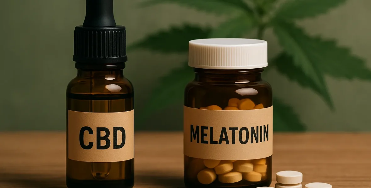 CBD och melatonin. CBD-olja i glasflaska bredvid en burk melatonin-tabletter på träbord, med en suddig cannabisplanta i bakgrunden