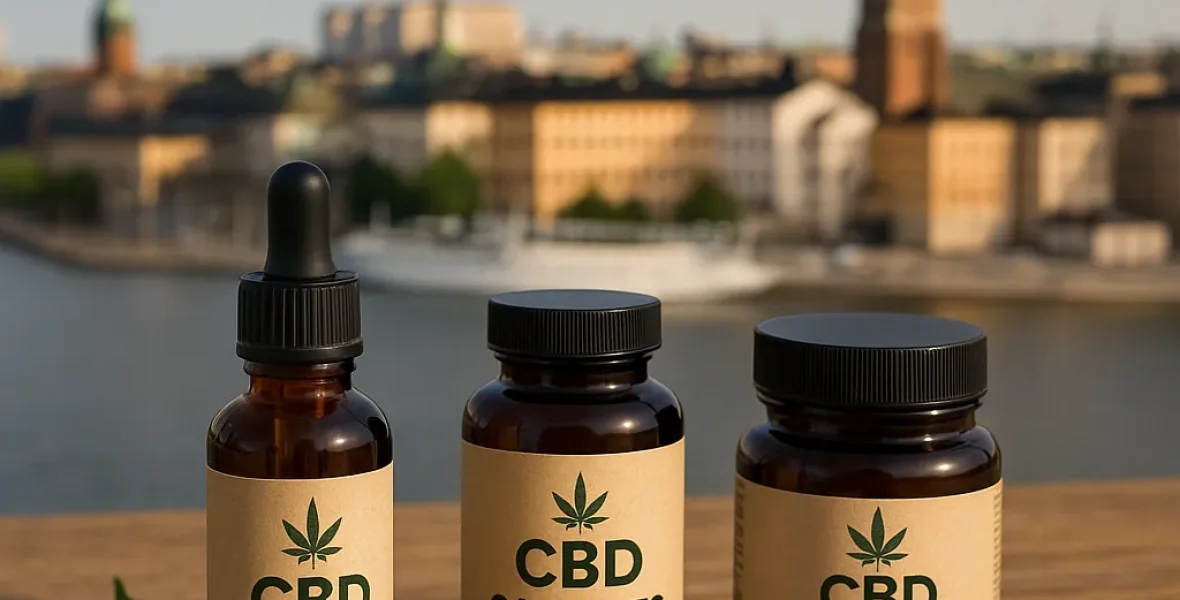 CBD i stockholm. Produkter på träbord med utsikt över Stockholm, perfekt för avslappning