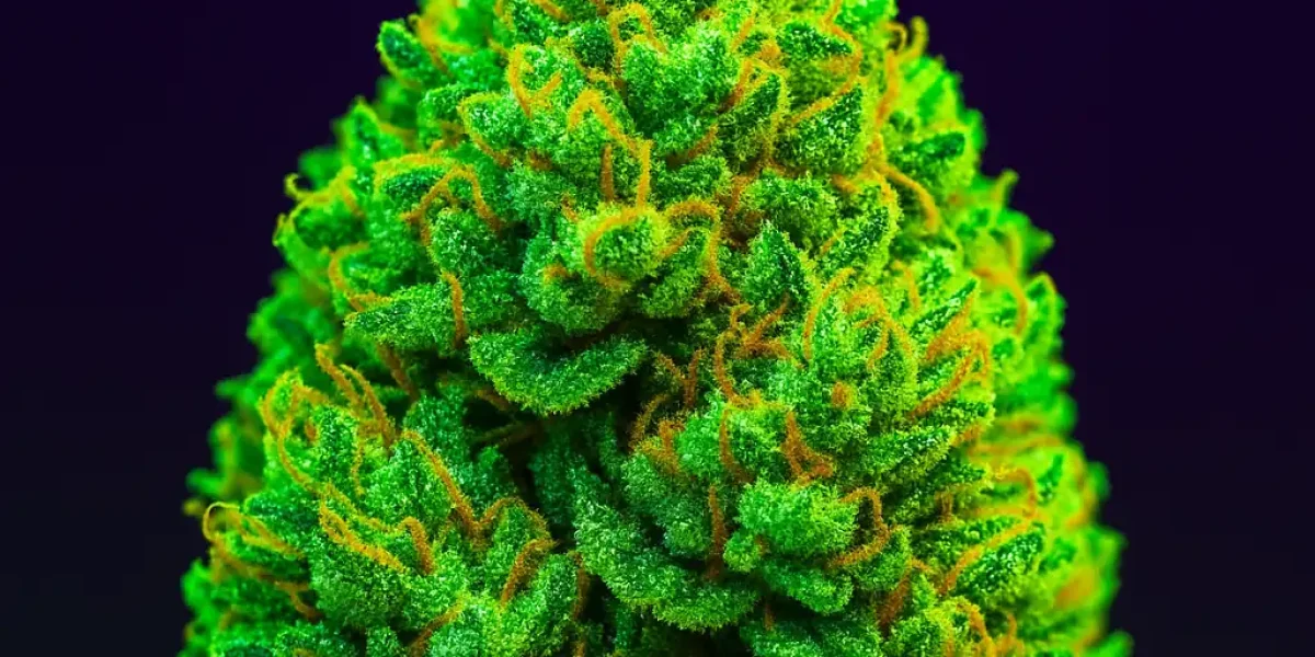 Gorilla glue Strain info. Green neon CBD bud with dark background