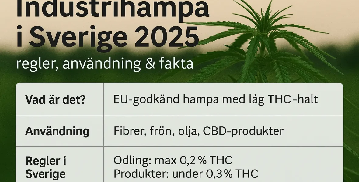 Industrihampa i Sverige 2025 – illustration av lagliga hampasorter och deras användning.