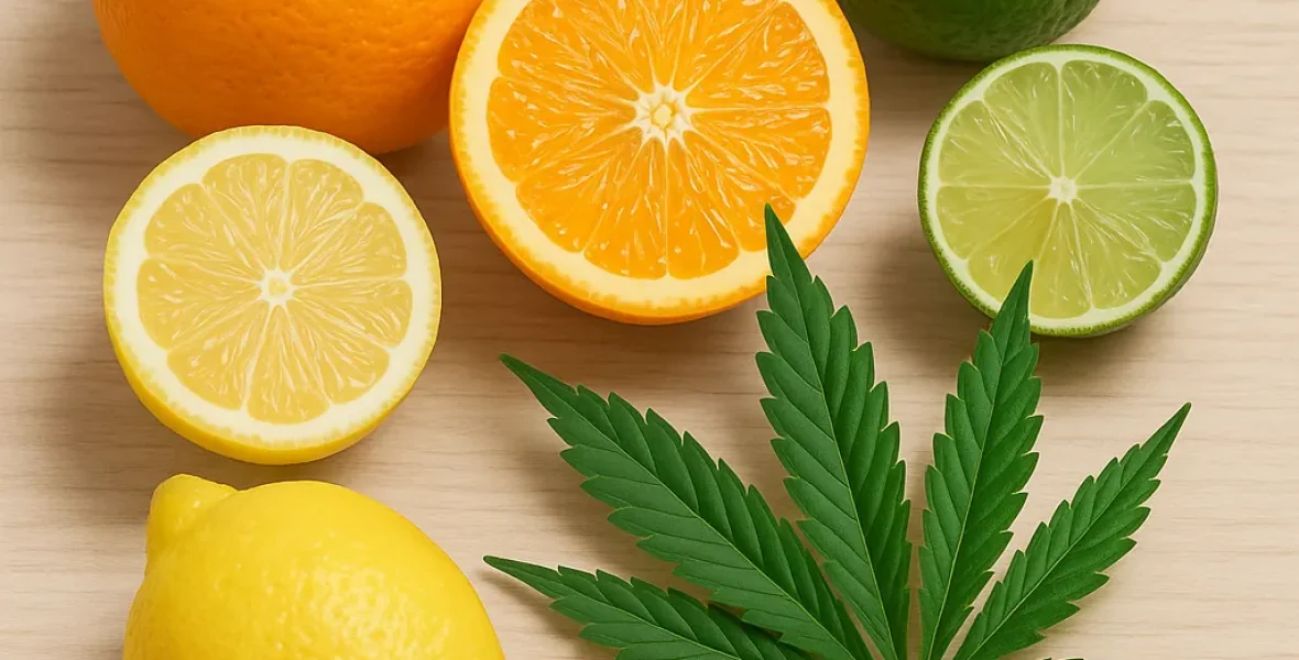 limonene-terpen Citrusfrukter och cannabisblad i naturligt ljus – illustration av Limonene terpenens fräscha doft