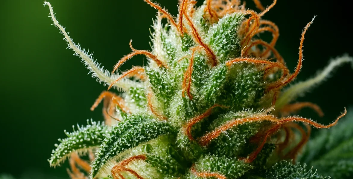 Närbild av en cannabisblomma med tydliga trikomer och orange pistiller i makroformat.
