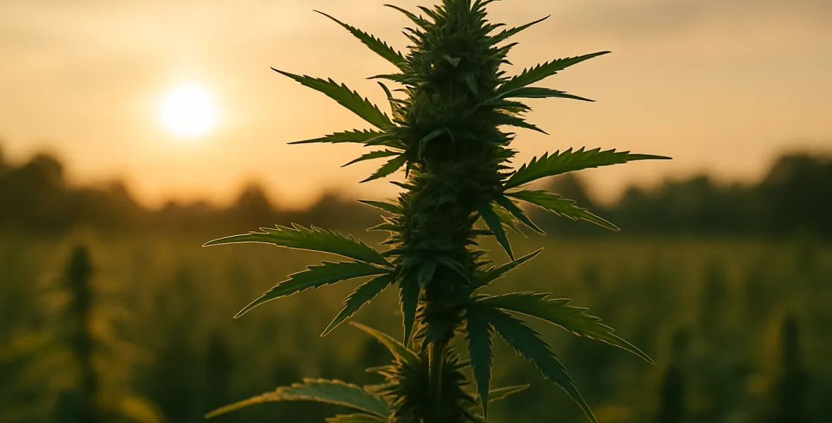 Vad är hampa? En närbild av en hampaväxt i motljus med solnedgång och fält i bakgrunden – naturligt, lugnt och cannabisinspirerat.